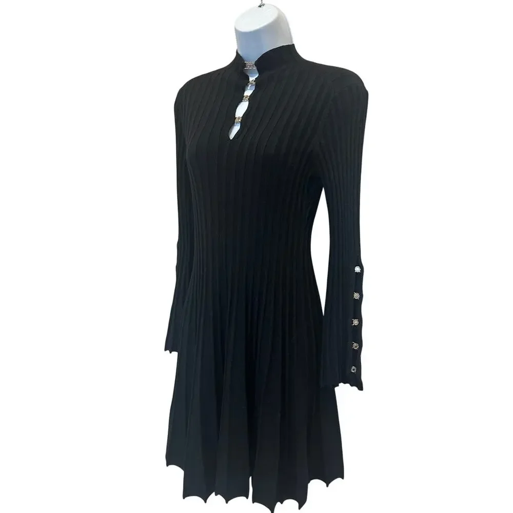 Maje Black Ribbed Knit Mini Dress SMALL Career Fit Flare Long Bell Sleeve $300 - Picture 6 of 13